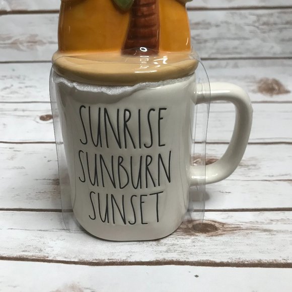 Rae Dunn SUNRISE SUNBURN SUNSET Mug with Palm Tree Topper - Picture 2 of 7